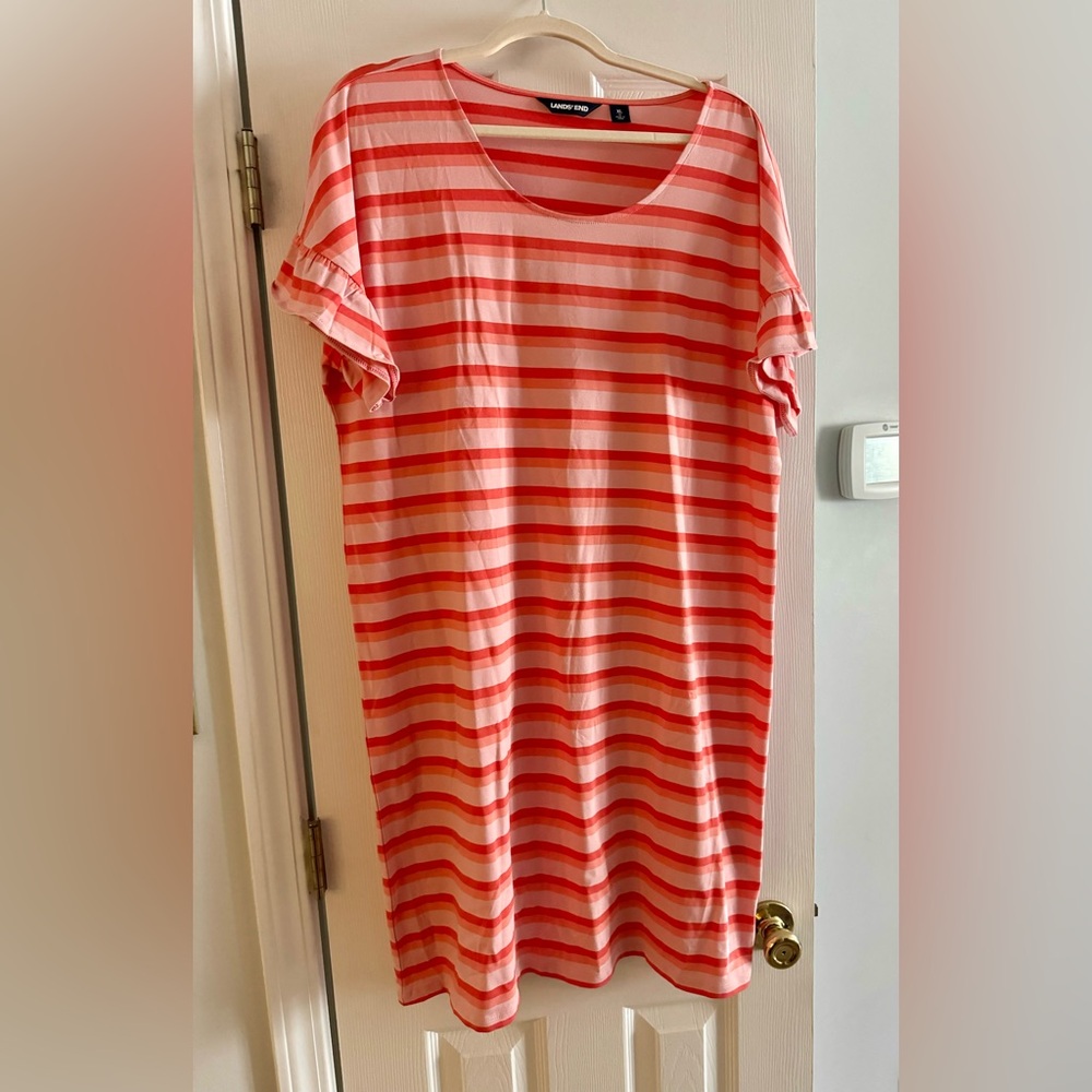 Lands' End Coral and Salmon Striped T-Shirt Dress XL NEW midi